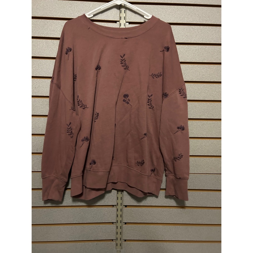 Fall Cottage Womens XXL Mauve Embroidered Floral Crewneck Oversized Sweatshirt